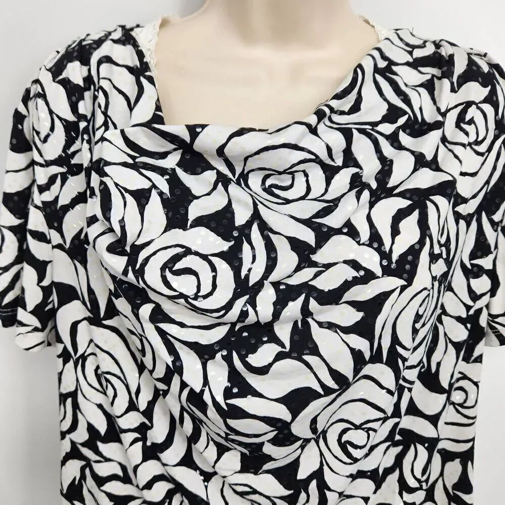 MSK Pullover Top Women's Size XL Blk & White Floral Short Sleeve Draped Neck - Picture 4 of 9